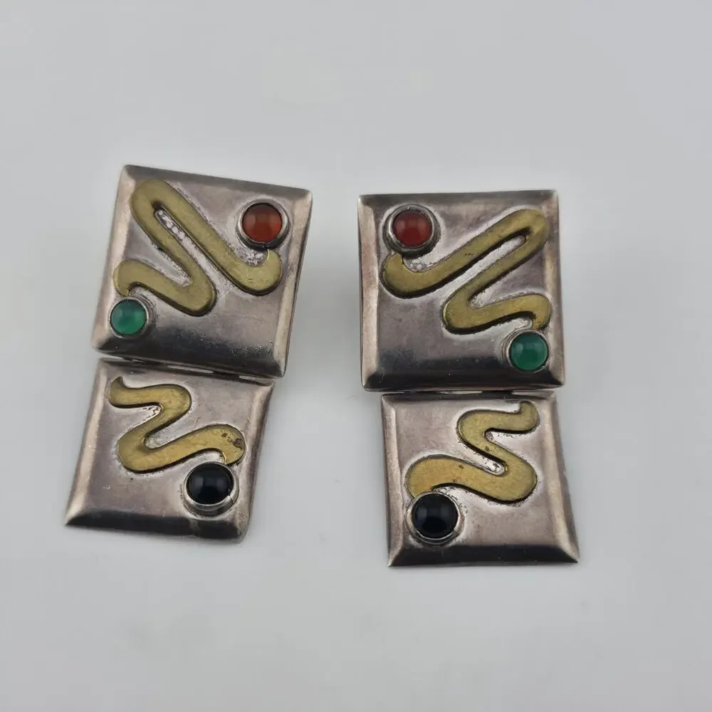 Vintage Taxco Mexico 925 Sterling Silver Modernist Snake Dangle Earrings Mcm